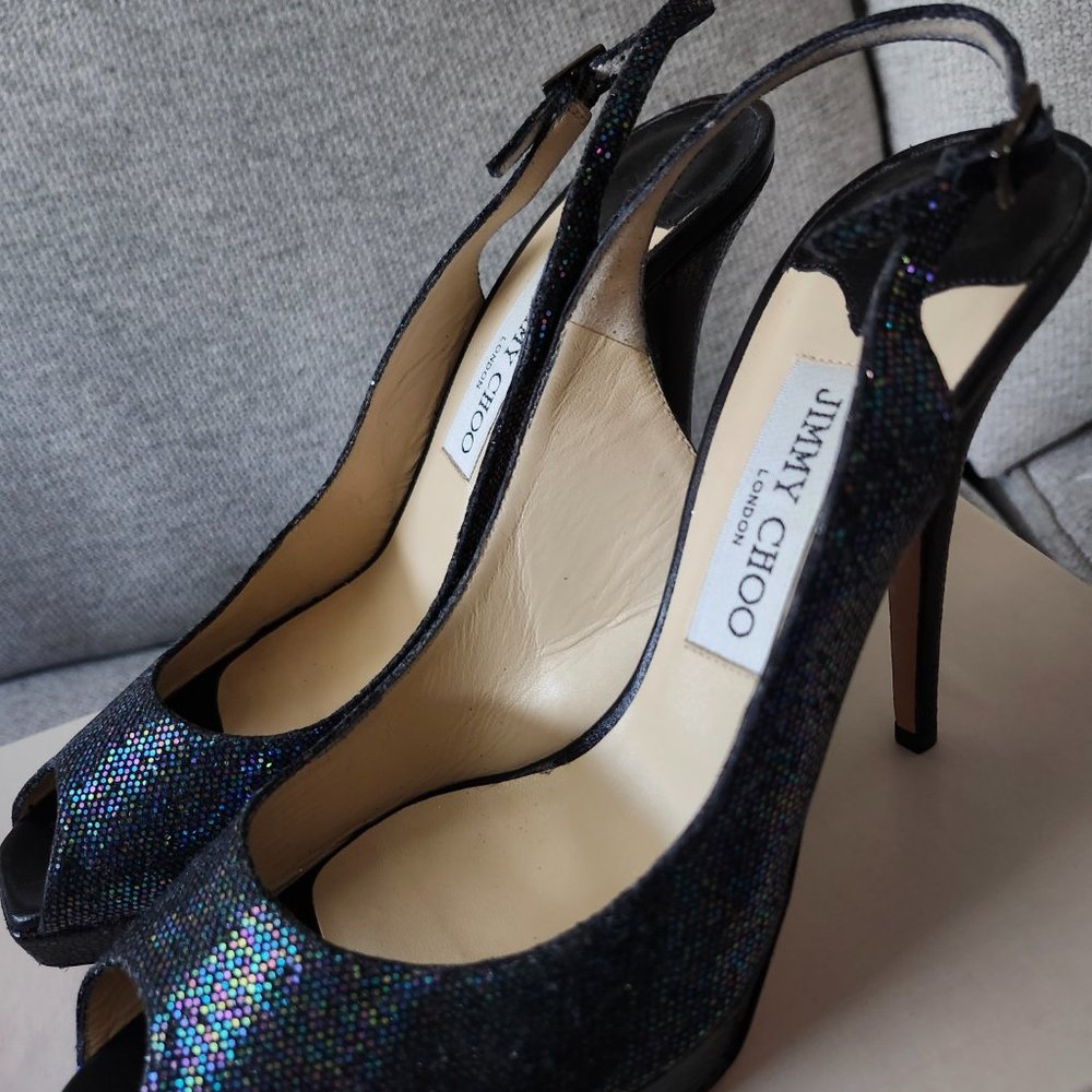 Jimmy Choo Luna 100 Slingbacks | petrol metallic heels | Pre-Owned | sz 9.5